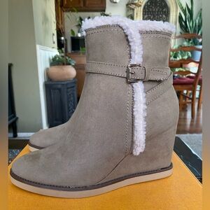 Unisa Taupe Wedge Boots with Faux Shearling Trim